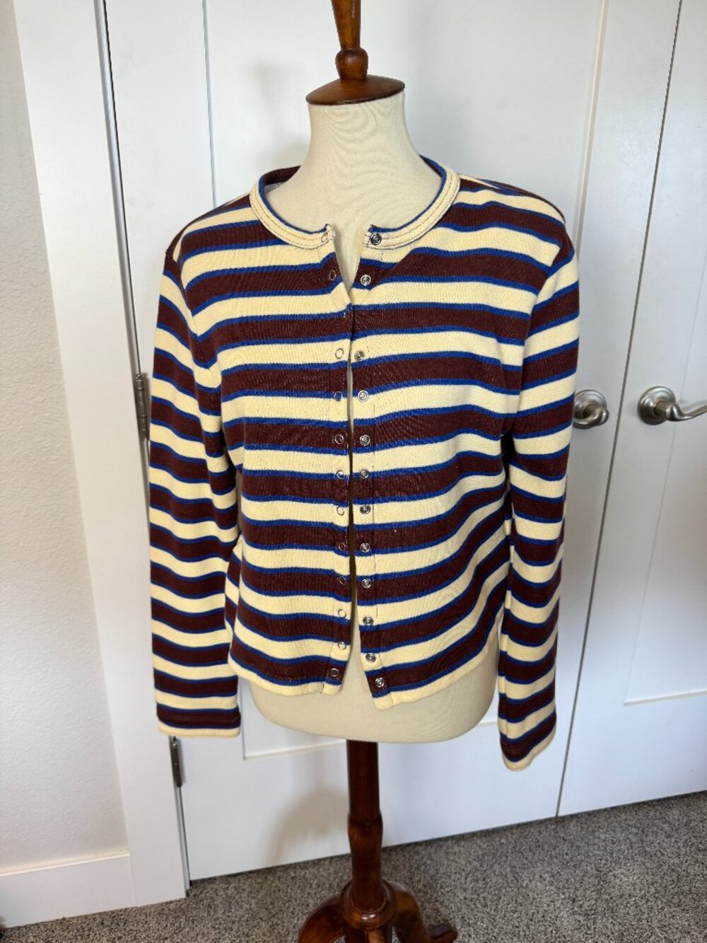 J.Crew Striped Terry Cloth Snap Front Cardigan Jacket 100% Cotton Size L